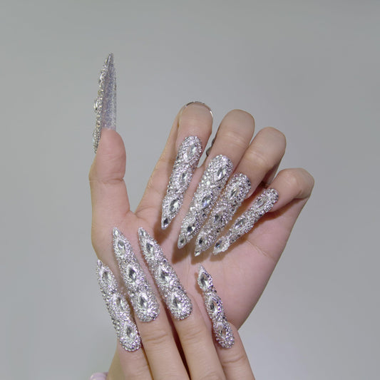 GGddsha Queen Of Haute Style Full Diamond Long AlmondPress On Nails PMMA Acrylic Handmade Nails Full Deluxe 3DCrystal Fake Nails,Glacial Empress