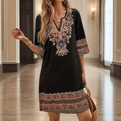 Women's V-Neck Middle Eastern Style Floral Print Midi Dress - Elegant Sleeve Design Lightweight Perfect For Spring&Summer Vacation & Daily Wear