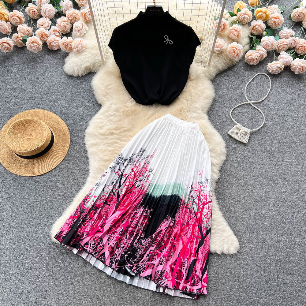 Women's Summer High-end Design Sense Niche Sleeveless Shirt Top Pleated Dress Two-piece Set