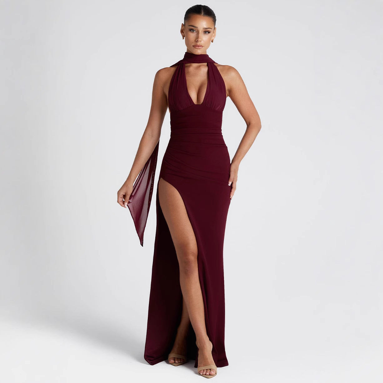 Women's Sexy Halter Deep V Lace-up Backless High-cut Split Solid Color Dress