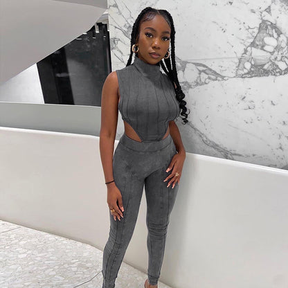 Collar Sleeveless Backless Lace-up Pants Sports Suit