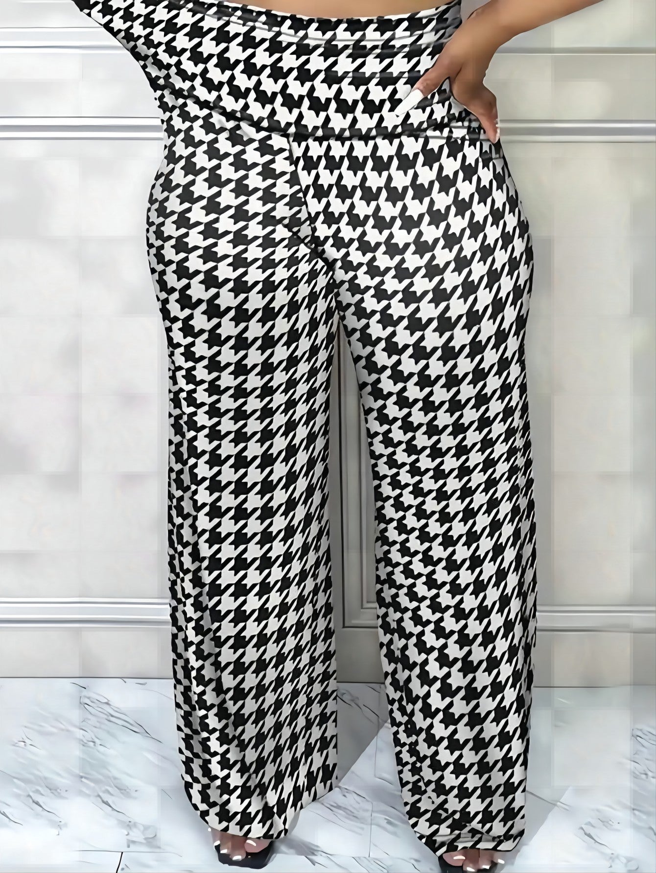Plus Size Bird Check Comfortable Loose Women's Straight Leg Pants