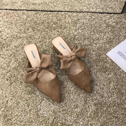Bow-knot Baotou Mid-heel Half-drag Thick Heel Slippers