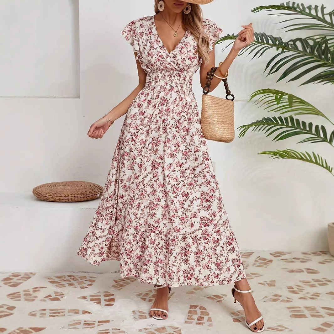 Fashion Floral Long Sleeve Waist Swing Dress