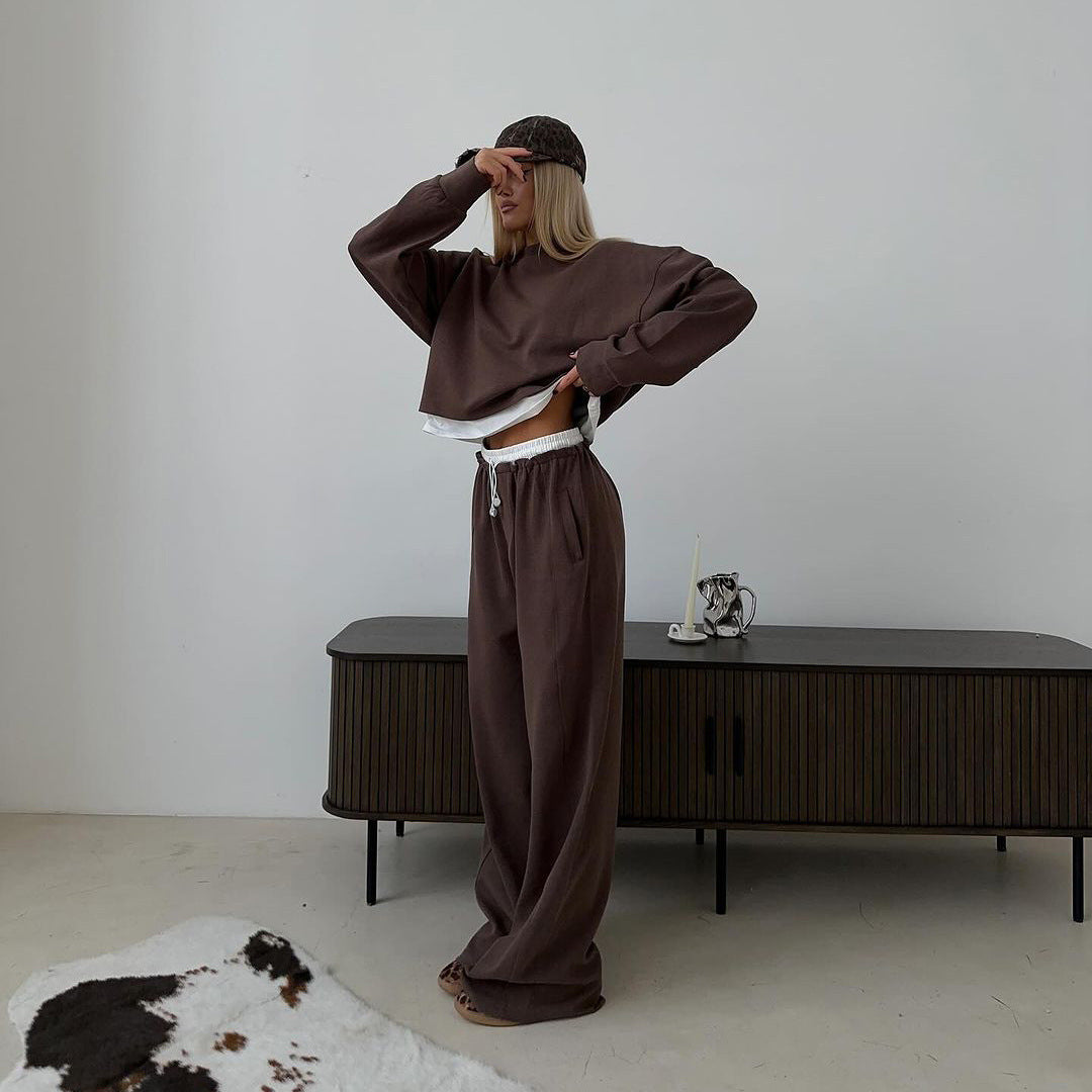 Solid Color Long Sleeve Round Neck False Two Pieces Sweater Suit Women