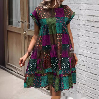 Summer New Printed Round Neck Casual All-matching Fashion Dress