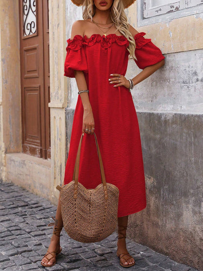 Women's Fashionable Off Shoulder Ruffle Trim Slit Dress