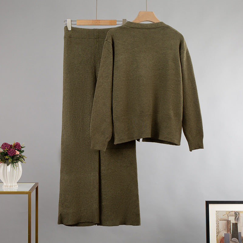 V-neck Cardigan Sweater Wide-leg Pants Suit