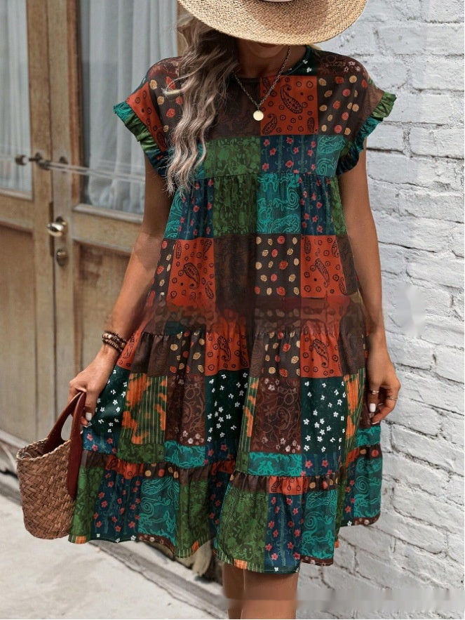 Summer New Printed Round Neck Casual All-matching Fashion Dress