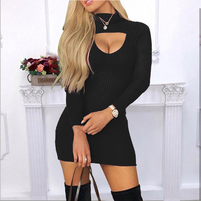 Slim-Fit Solid Color High-Neck Long-Sleeved Dress
