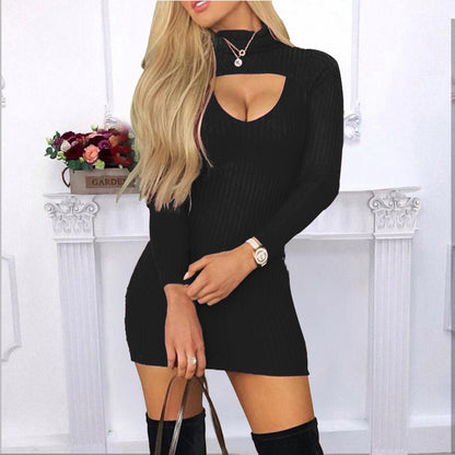 Slim-Fit Solid Color High-Neck Long-Sleeved Dress