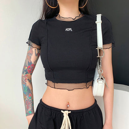 Fashion Letter Print Round Neck Wooden Ears Navel Exposed T Shirt Women