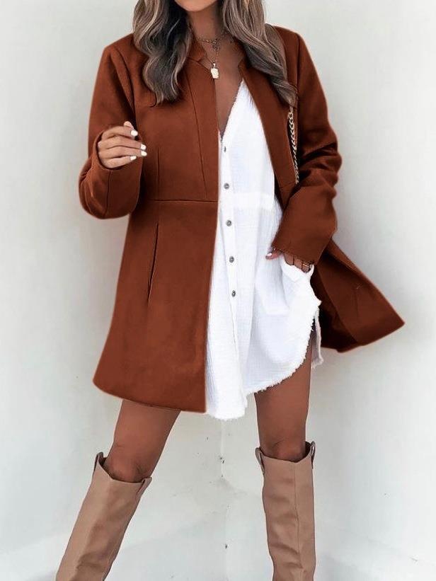 Clean Color Slim Long Sleeve Pocket Woolen Women's Coat
