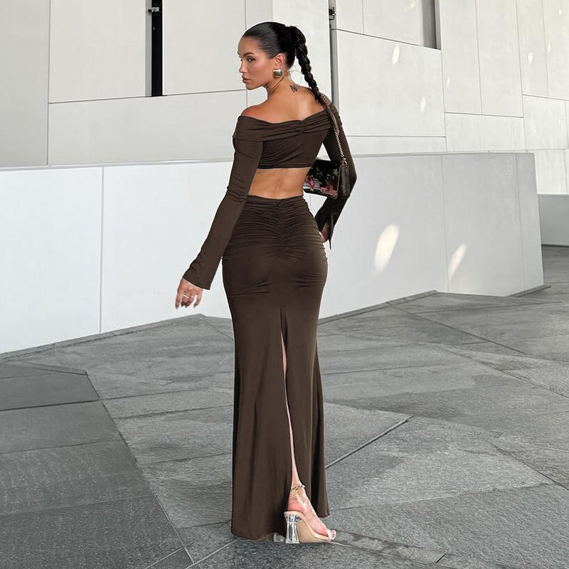 Off-shoulder Midriff-baring Long Sleeve Long Dress Suit