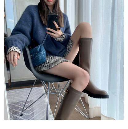 Gold Buckle Plus Velvet Thick Round Toe Thick-soled Thick Heel Long High Barrel Knight Boots