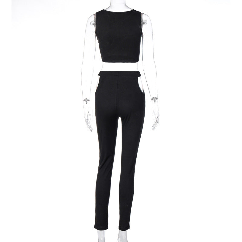 Ladies Collar Off Shoulder Vest Cutout Trousers Suit