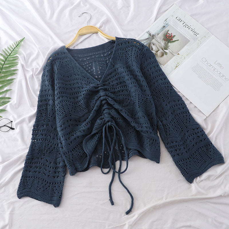 Loose Knit Sweater Short Sweater Women Long-sleeved Mesh