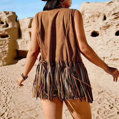 Women's Retro Tassel Sleeveless Lapel Jacket