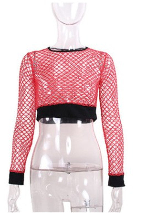 Fit High Waist Hollow-out See-through Fishnet Navel T-shirt Wear Women