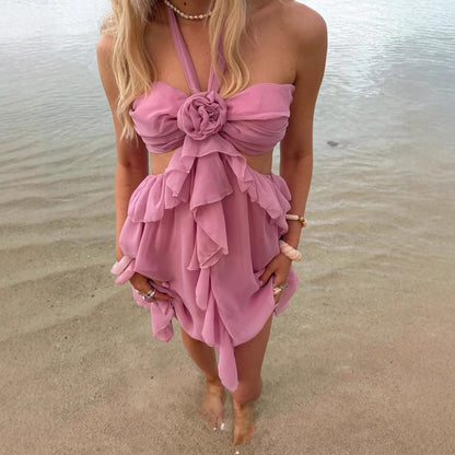 3D Corsage Lace Fashion Pleated Strapless Dress