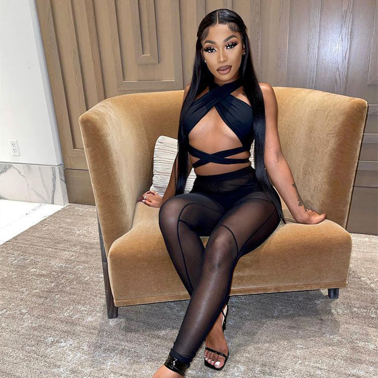 Women's Hollow Halter Cross Mesh Panel Three Piece Set