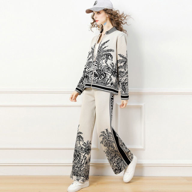 Qin Knit Cardigan Sweater Fashion Wide-leg Pants Two-piece Suit