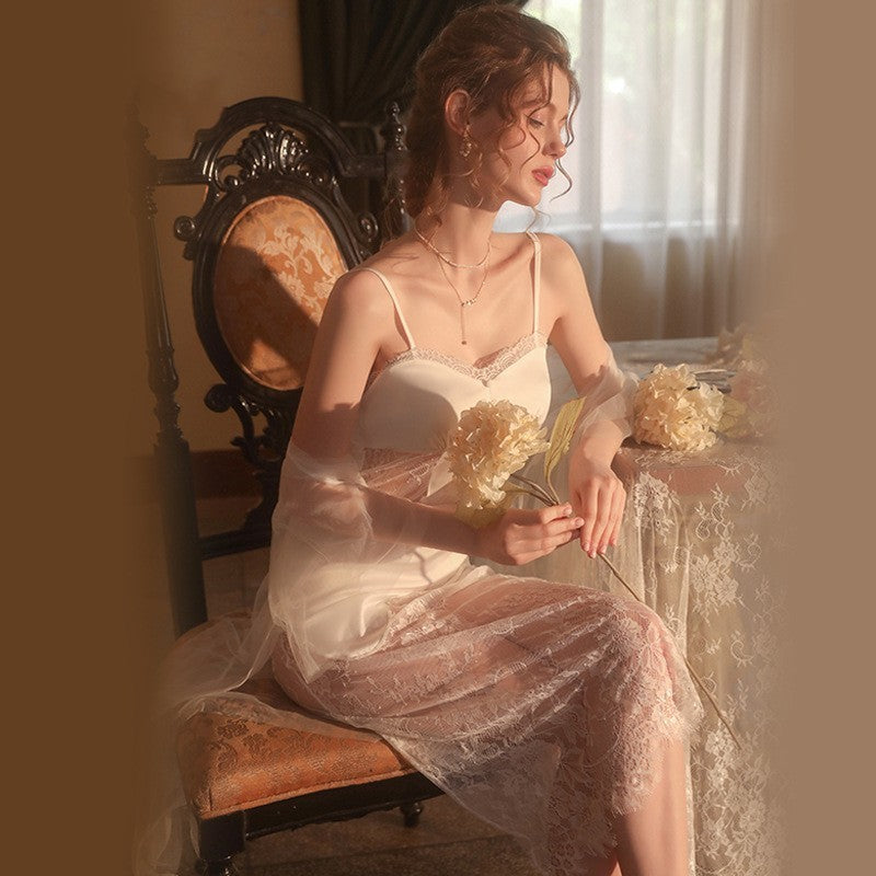 Long Lace Suspender Nightdress Lace Up Women's Home Clothes Suit