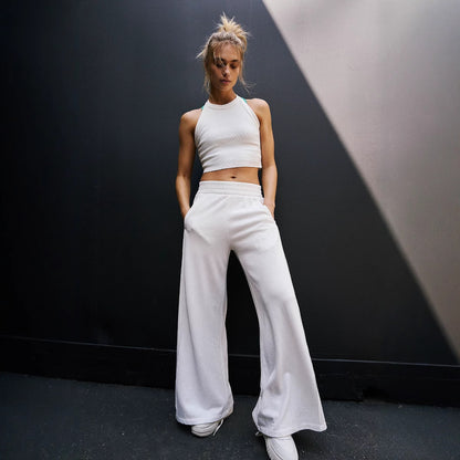 Fashion Casual Women's Solid Color High-elastic Body Shaping Short Sleeve Wide Leg Pants Suit