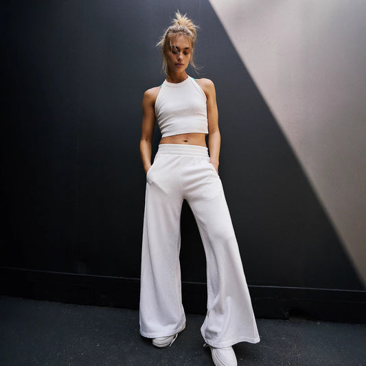 Fashion Casual Women's Solid Color High-elastic Body Shaping Short Sleeve Wide Leg Pants Suit