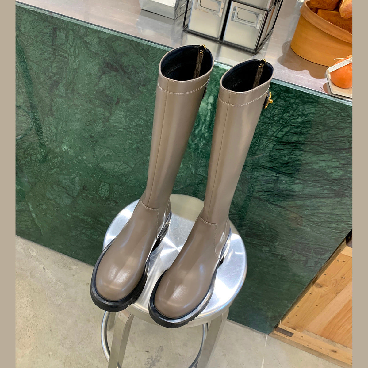 Gold Buckle Plus Velvet Thick Round Toe Thick-soled Thick Heel Long High Barrel Knight Boots