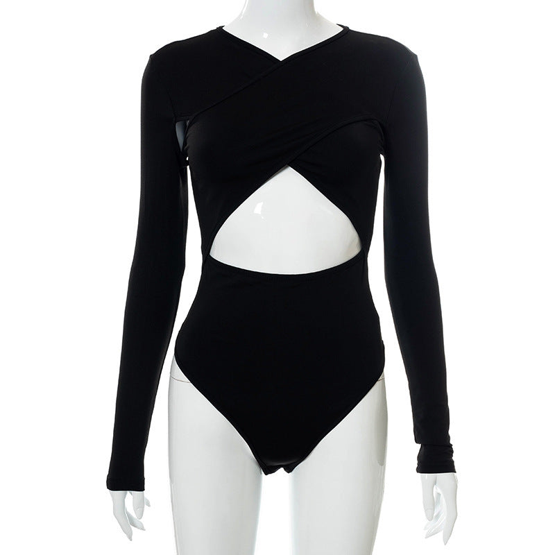 Pure Color Cross-cut Long-sleeved Cut-waist Slim-fit Bodysuit