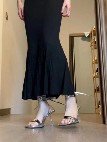 Niche Design Silver High Heels Transparent Stiletto Heel Roman Strap Elegant Sandals