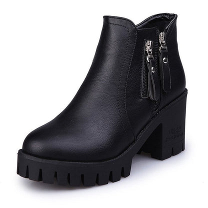 Mid-heel Chunky Heel Round Toe Temperament Side Zipper Short Boots