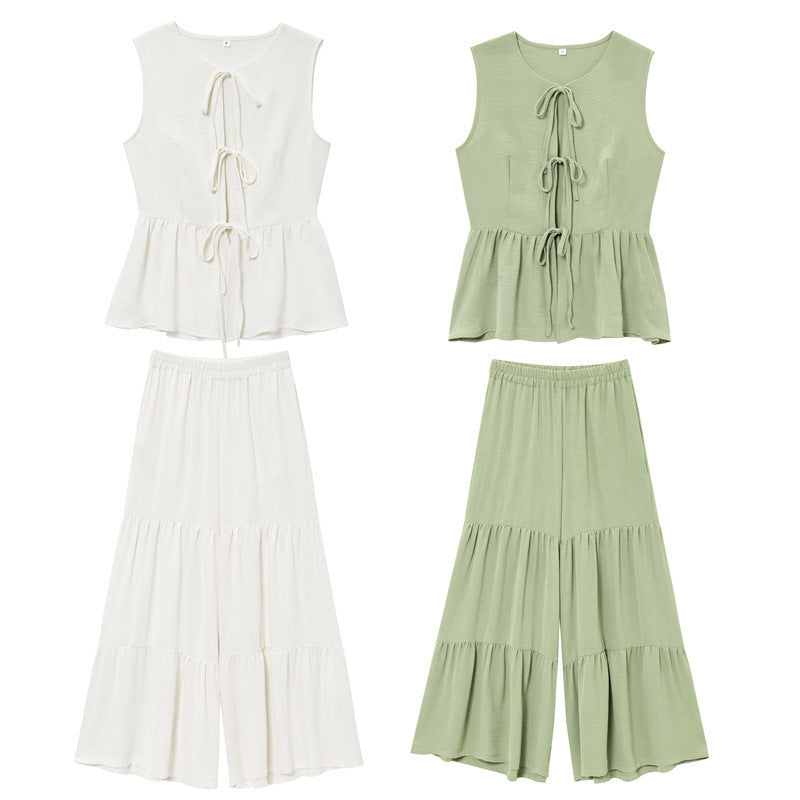 Sleeveless Lace-up Top Loose Drape Flared Pants