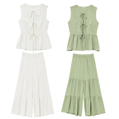 Sleeveless Lace-up Top Loose Drape Flared Pants