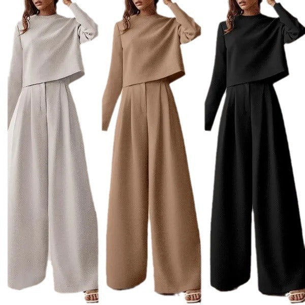 Loose-fitting Solid Color Long Sleeves Casual Two-piece Suit Wide Leg Pants Suit