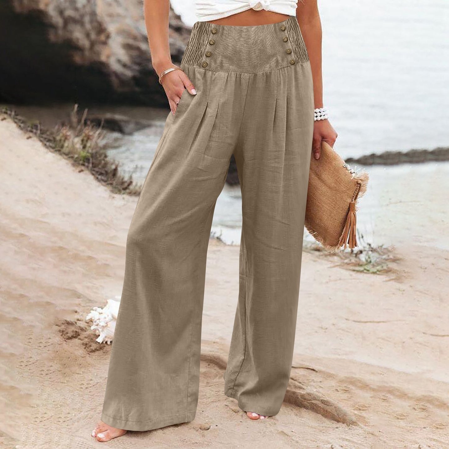 Spring And Summer Casual Elastic Waist High Waisted Women's Wide Leg Cotton Linen Loose Pants