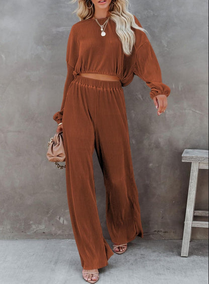 Women's Round-neck Long Sleeve Short Top And Wide Leg Pants Suit