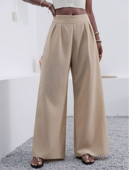 Solid Color Loose Wide Leg Elegant Pants With Pocket