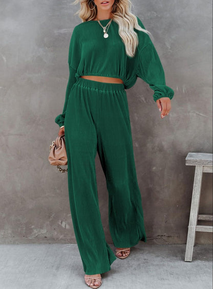 Women's Round-neck Long Sleeve Short Top And Wide Leg Pants Suit