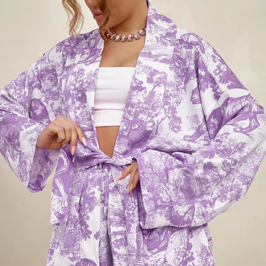 Comfortable Blue Soft Printed Long Sleeve Shorts Pajamas Suit
