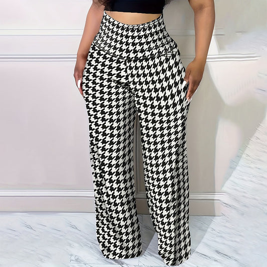 Plus Size Bird Check Comfortable Loose Women's Straight Leg Pants