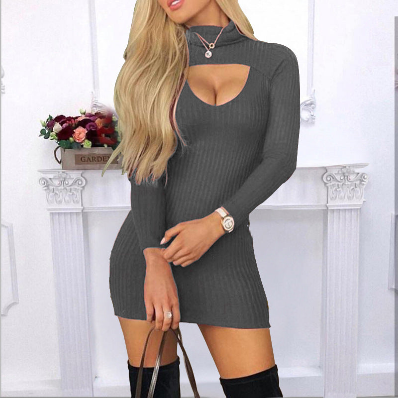 Slim-Fit Solid Color High-Neck Long-Sleeved Dress