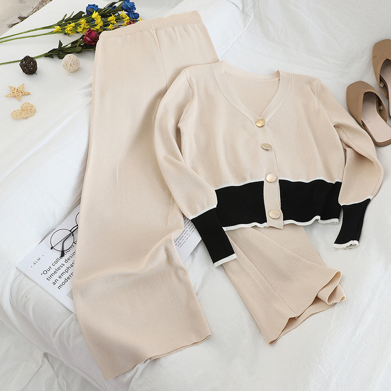 V-neck Cardigan Wide-leg Pants Sweater Set