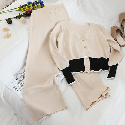 V-neck Cardigan Wide-leg Pants Sweater Set