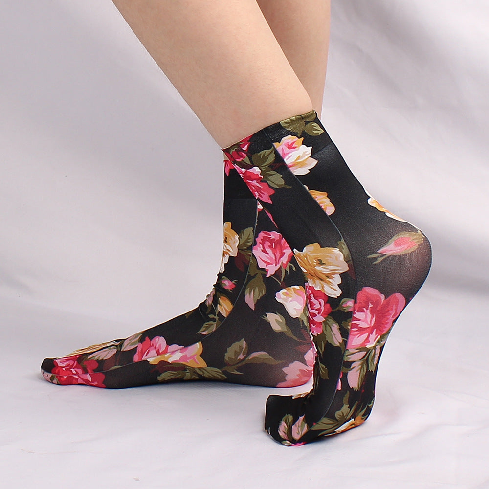 Leopard Print Large Flower Printed Multi-color Socks Sexy Girly Style Summer Breathable Anti-snagging