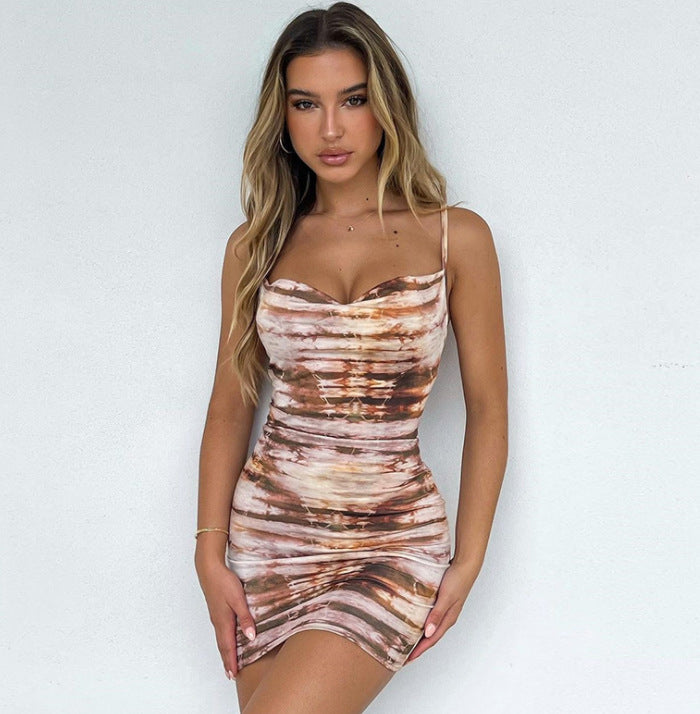 DA 4405b Sling Sexy Low-cut Halter Print Bag Hip Dress