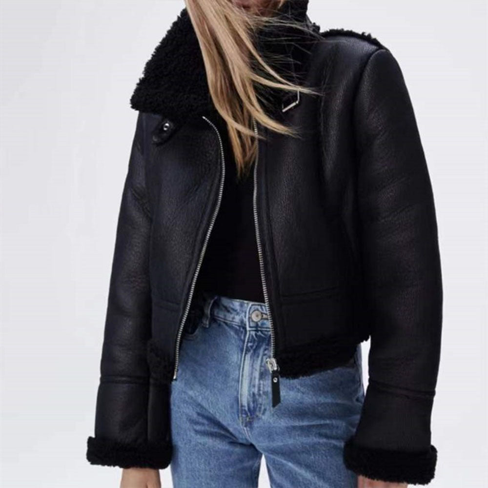 Women's PU Leather Double-sided Jacket Fur Coat