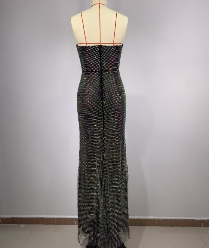 Tube Top Bright Sequin Mesh Rhinestone Handmade Fishbone Slim Dress