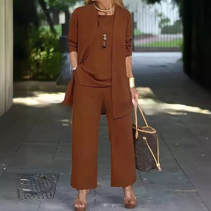 Pure Color Split Round Neck Sleeveless Vest Top Long Sleeve Cardigan Jacket Wide Leg Pants Suit